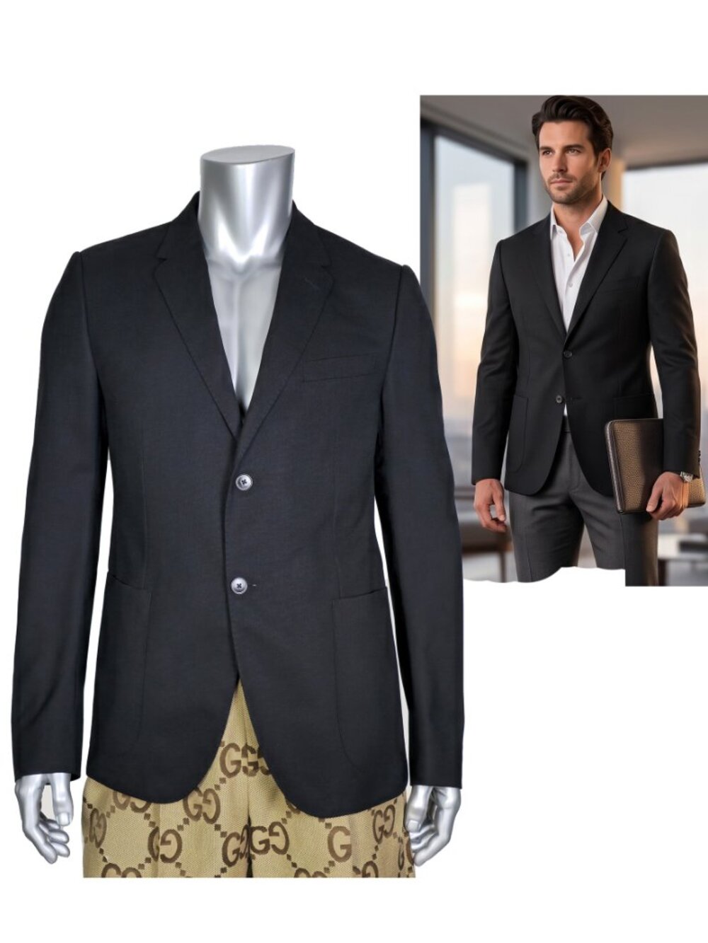 GUCCI JACKET MENS BLACK WOOL TAILORED BLAZER GG LOGO LINED sz IT 54